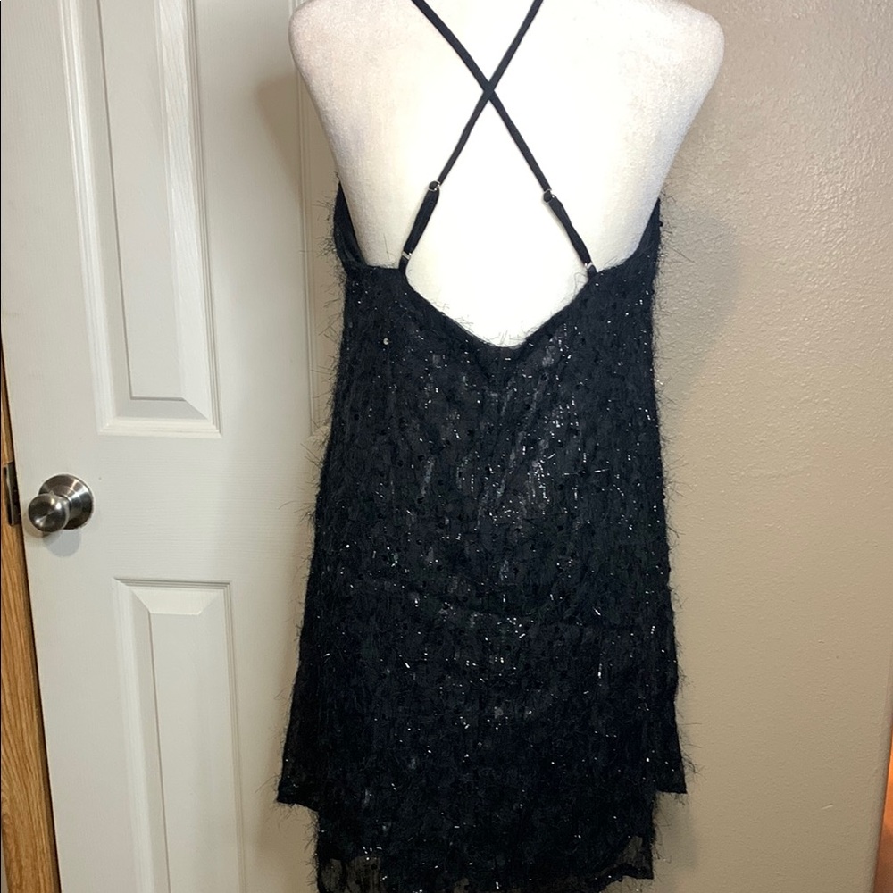 BLACK Sequin Spaghetti Strap Criss Cross Fit and Flare Mini Dress Size Small - Picture 4 of 5